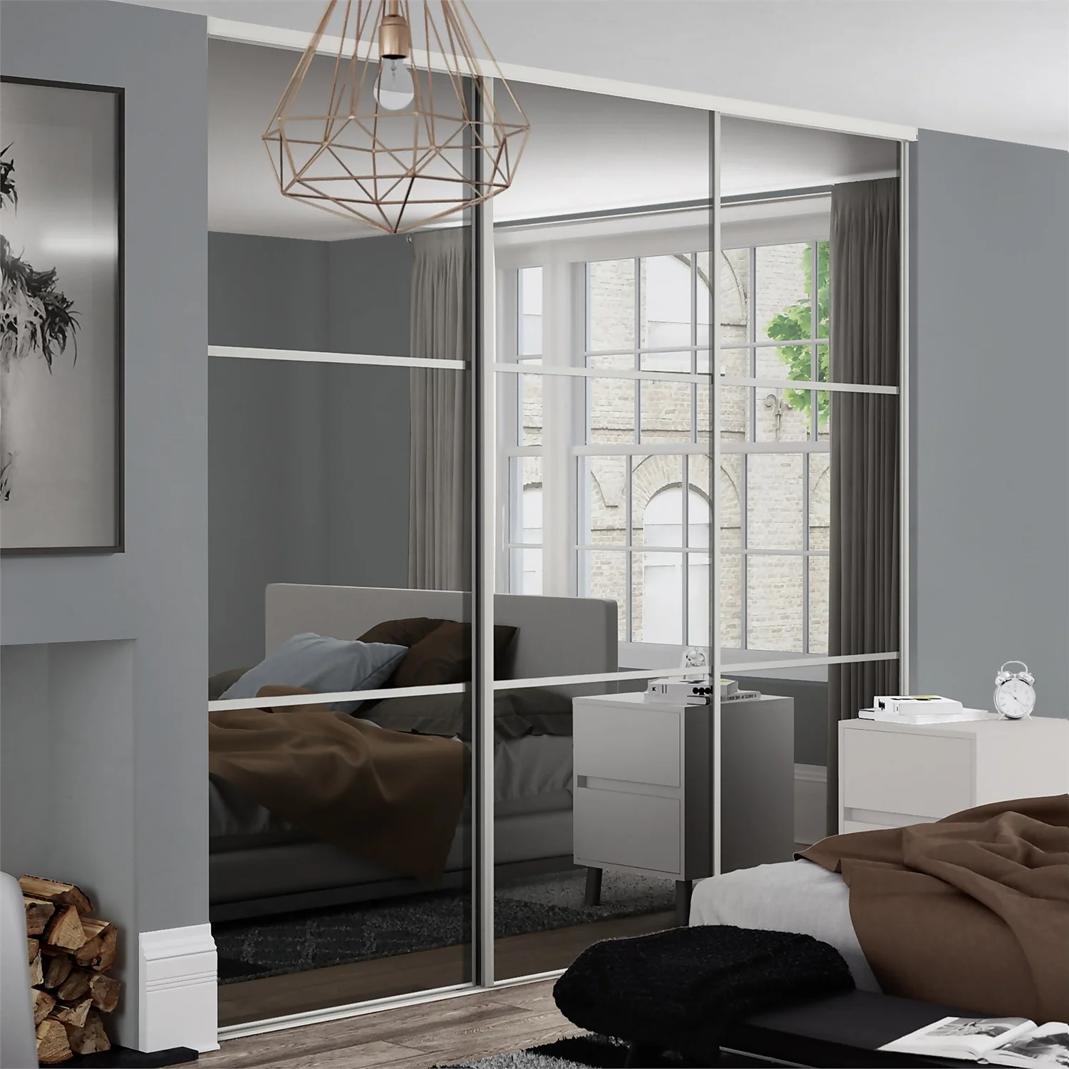 Linear Sliding Wardrobe Door 3 Panel Mirror with White Frame (W)610mm Linear Sliding Wardrobe Door 3 Panel Mirror With White Frame (W)610mm -Famous Furniture Store 12811777 9384843064428878