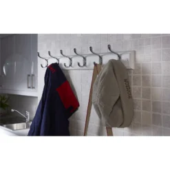 6 Coat Polished Chrome Hooks On White Stepped Board -Famous Furniture Store 12815060 7334845700272975