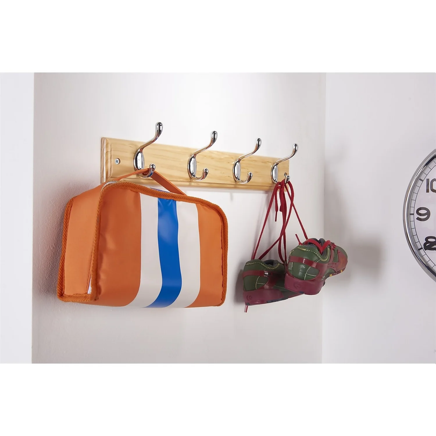 4 Coat Polished Chrome Hooks on Pine Stepped Board 4 Coat Polished Chrome Hooks On Pine Stepped Board -Famous Furniture Store 12821181 1964843364806392