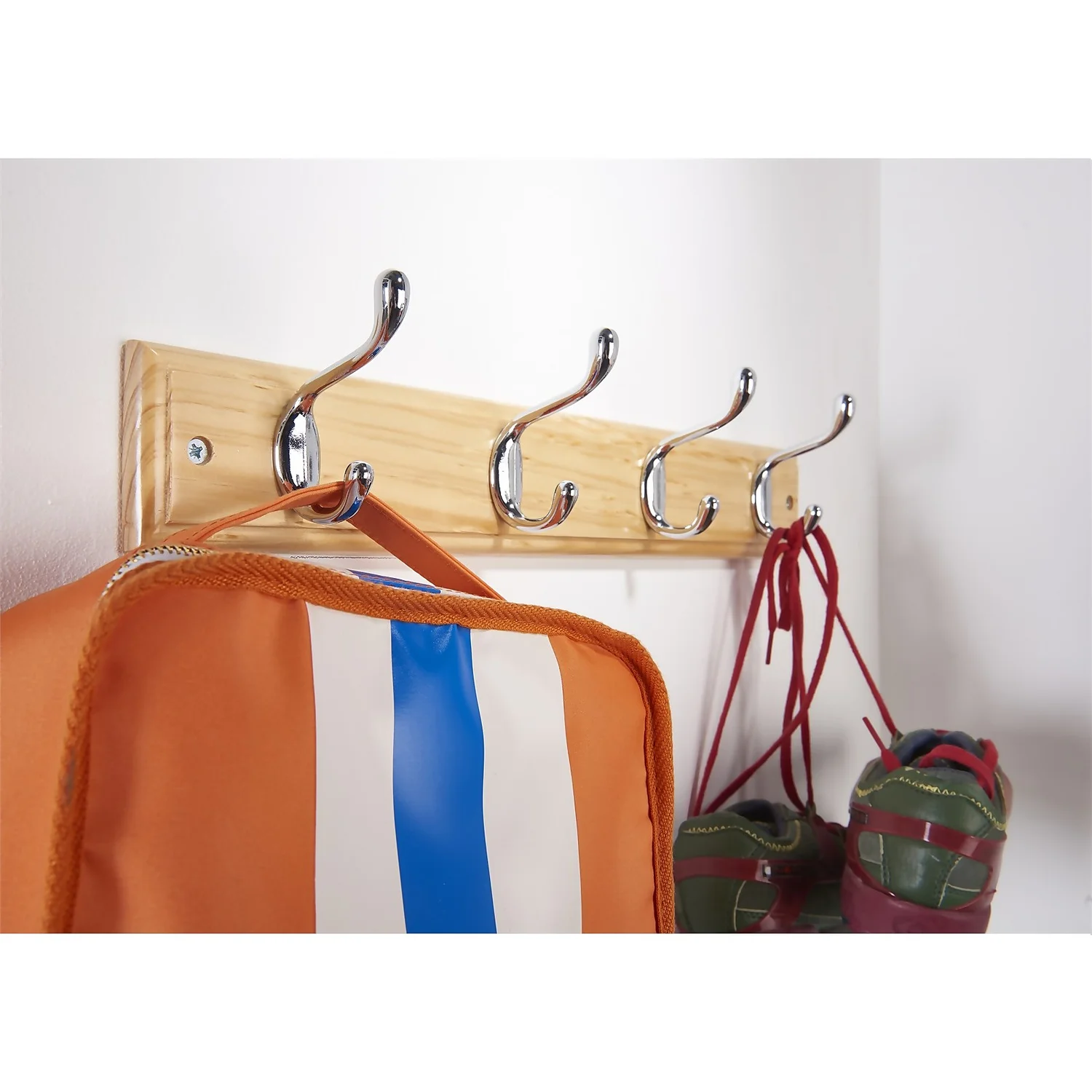 4 Coat Polished Chrome Hooks on Pine Stepped Board 4 Coat Polished Chrome Hooks On Pine Stepped Board -Famous Furniture Store 12821181 6794843364821443