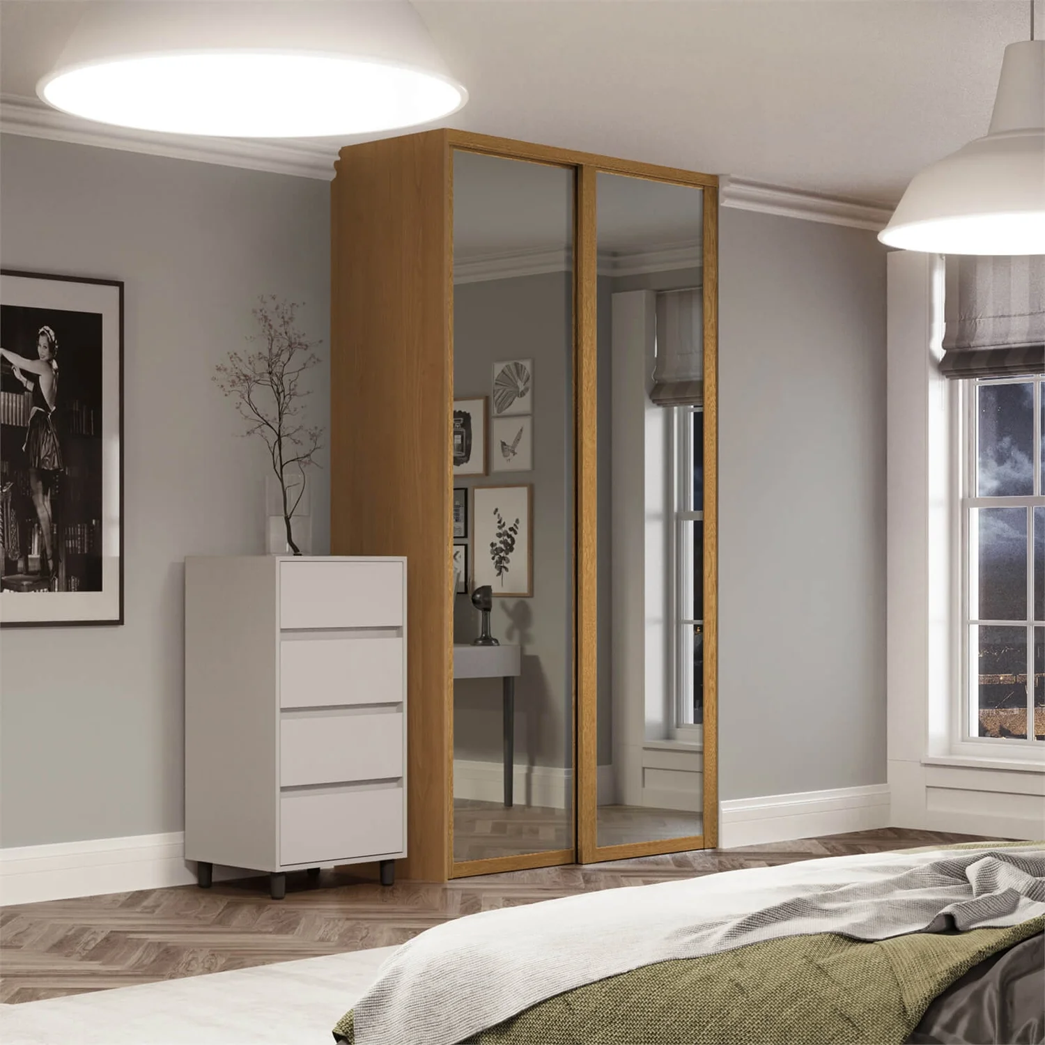 Shaker 2 Door Sliding Wardrobe Kit Mirror with Oak Frame (W)1145 x (H)2260mm Shaker 2 Door Sliding Wardrobe Kit Mirror With Oak Frame (W)1145 X (H)2260mm -Famous Furniture Store 12835287 1524833223868226