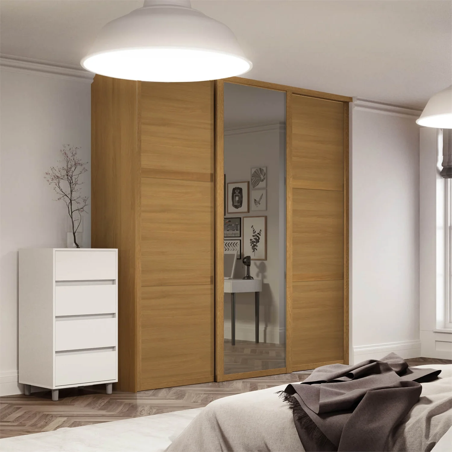 Shaker 3 Door Sliding Wardrobe Kit Oak Panel / Mirror with Oak Frame (W)2136 x (H)2260mm Shaker 3 Door Sliding Wardrobe Kit Oak Panel / Mirror With Oak Frame (W)2136 X (H)2260mm -Famous Furniture Store 12835300 1394833224504034
