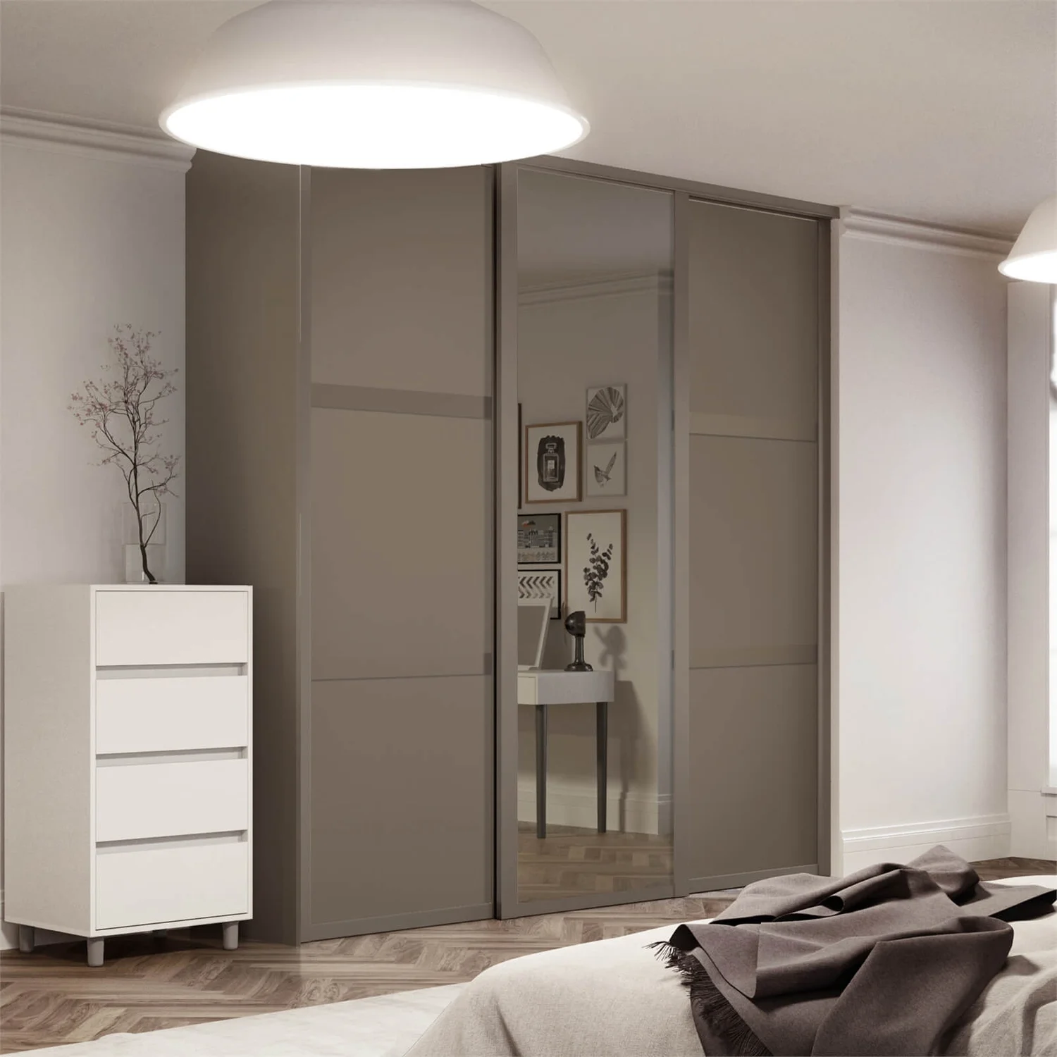 Shaker 3 Door Sliding Wardrobe Kit Stone Grey Panel / Mirror with Stone Grey Frame (W)1680 x (H)2260mm Shaker 3 Door Sliding Wardrobe Kit Stone Grey Panel / Mirror With Stone Grey Frame (W)1680 X (H)2260mm -Famous Furniture Store 12835321 4244833223648716