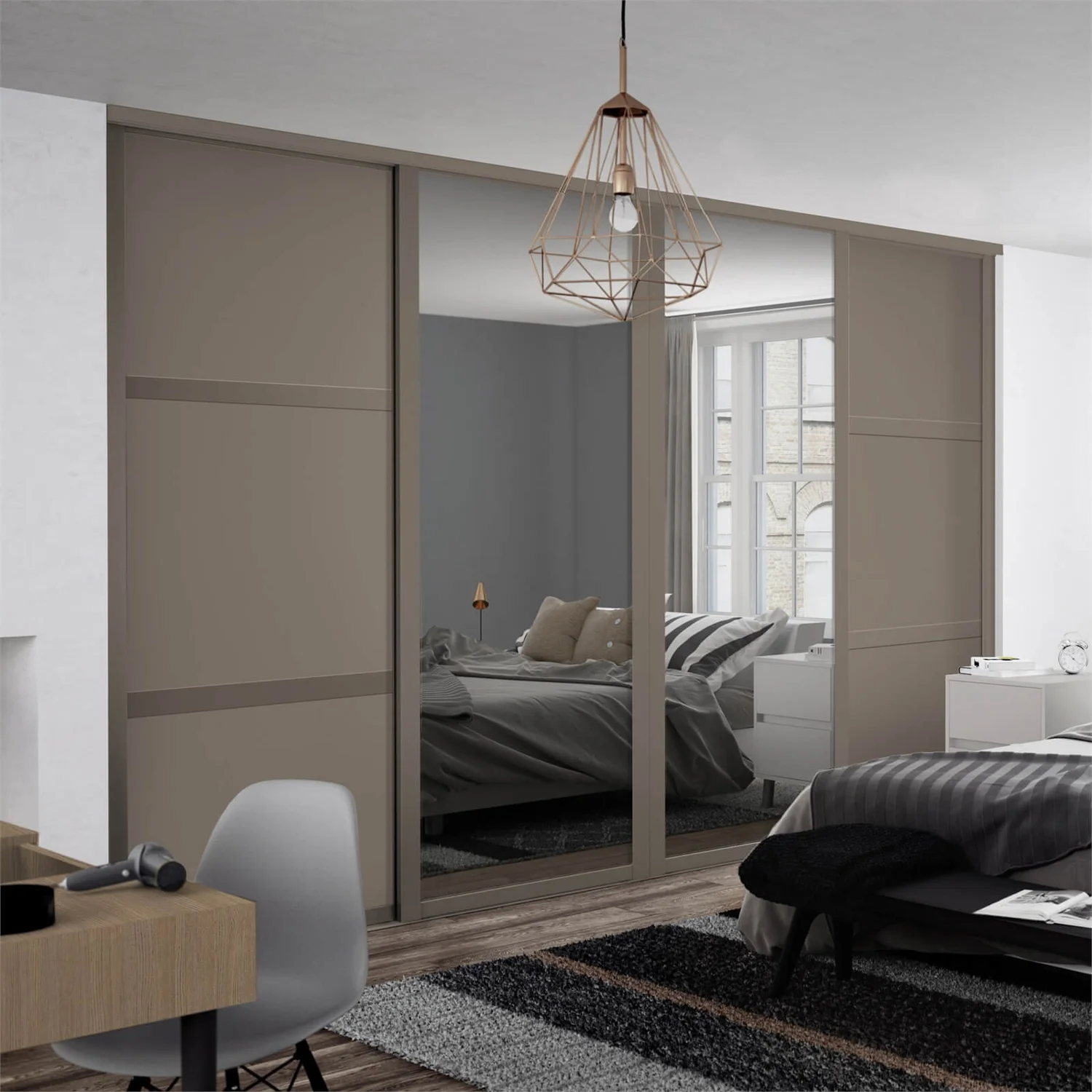 Shaker 4 Door Sliding Wardrobe Kit Stone Grey Panel / Mirror with Stone Grey Frame (W)2898 x (H)2260mm Shaker 4 Door Sliding Wardrobe Kit Stone Grey Panel / Mirror With Stone Grey Frame (W)2898 X (H)2260mm -Famous Furniture Store 12835334 1584833225337521