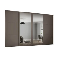 Shaker 4 Door Sliding Wardrobe Kit Stone Grey Panel / Mirror With Stone Grey Frame (W)2898 X (H)2260mm