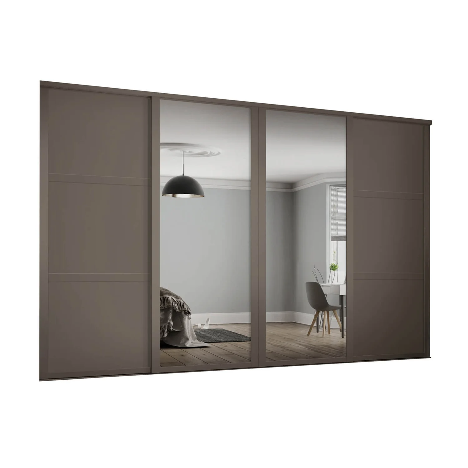 Shaker 4 Door Sliding Wardrobe Kit Stone Grey Panel / Mirror with Stone Grey Frame (W)2898 x (H)2260mm Shaker 4 Door Sliding Wardrobe Kit Stone Grey Panel / Mirror With Stone Grey Frame (W)2898 X (H)2260mm -Famous Furniture Store 12835334 2024831961126295