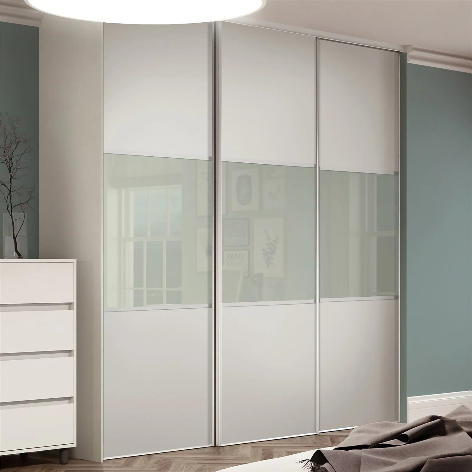 Linear Sliding Wardrobe Door 3 Panel White / Arctic White Glass with White Frame (W)914mm Linear Sliding Wardrobe Door 3 Panel White / Arctic White Glass With White Frame (W)914mm -Famous Furniture Store 12841568 2064843911714927