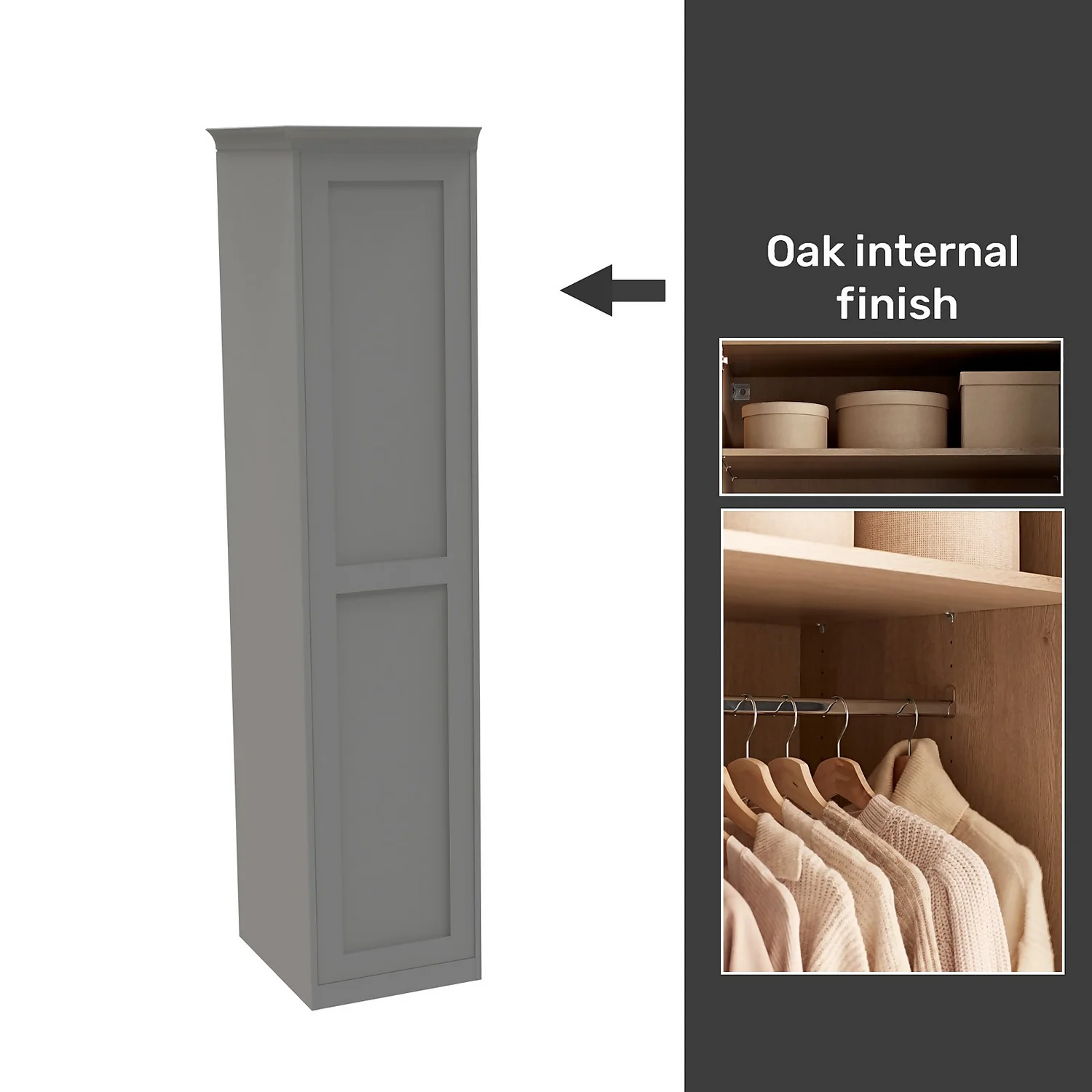 House Beautiful Realm Fitted Look Single Wardrobe, Oak Effect Carcass - Grey Shaker Door (W) 551mm x (H) 2256mm House Beautiful Realm Fitted Look Single Wardrobe, Oak Effect Carcass - Grey Shaker Door (W) 551mm X (H) 2256mm -Famous Furniture Store 13999761 7795052690062199