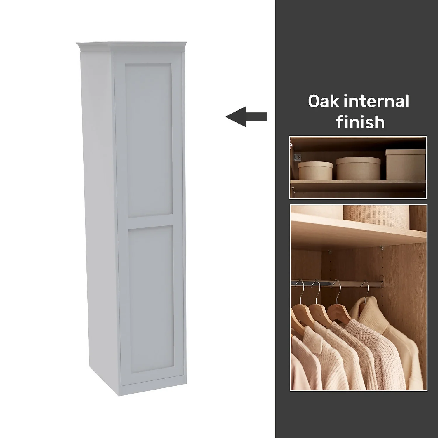 House Beautiful Realm Fitted Look Single Wardrobe, Oak Effect Carcass - White Shaker Door (W) 551mm x (H) 2256mm House Beautiful Realm Fitted Look Single Wardrobe, Oak Effect Carcass - White Shaker Door (W) 551mm X (H) 2256mm -Famous Furniture Store 13999763 1305052689882340