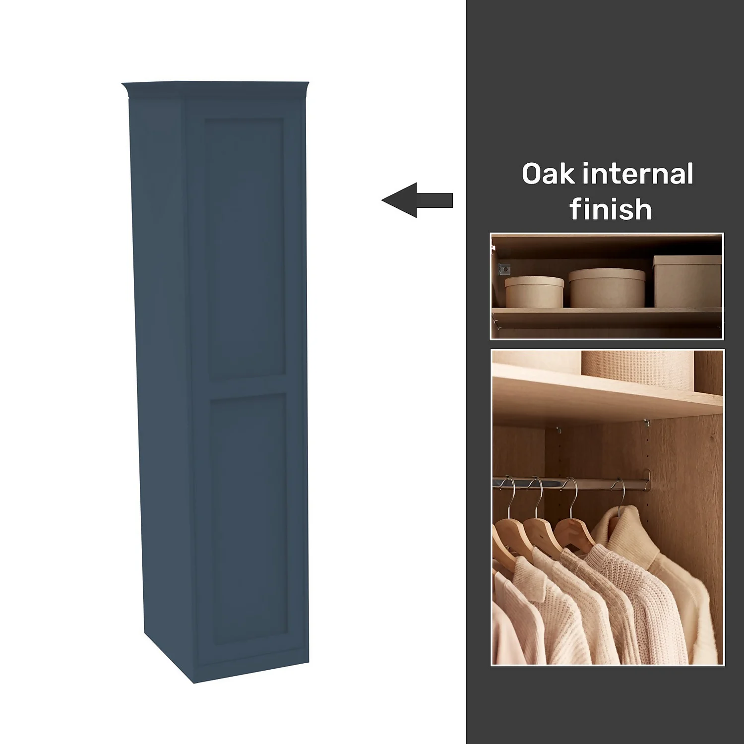 House Beautiful Realm Fitted Look Single Wardrobe, Oak Effect Carcass - Navy Blue Shaker Door (W) 551mm x (H) 2256mm House Beautiful Realm Fitted Look Single Wardrobe, Oak Effect Carcass - Navy Blue Shaker Door (W) 551mm X (H) 2256mm -Famous Furniture Store 13999765 8955052690041946