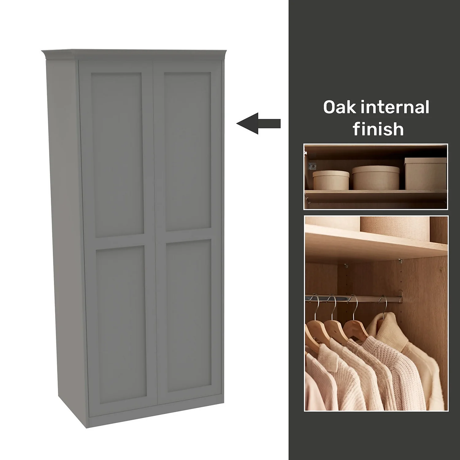 House Beautiful Realm Fitted Look Double Wardrobe, Oak Effect Carcass - Grey Shaker Doors (W) 1001mm x (H) 2256mm House Beautiful Realm Fitted Look Double Wardrobe, Oak Effect Carcass - Grey Shaker Doors (W) 1001mm X (H) 2256mm -Famous Furniture Store 13999775 1565052689936385