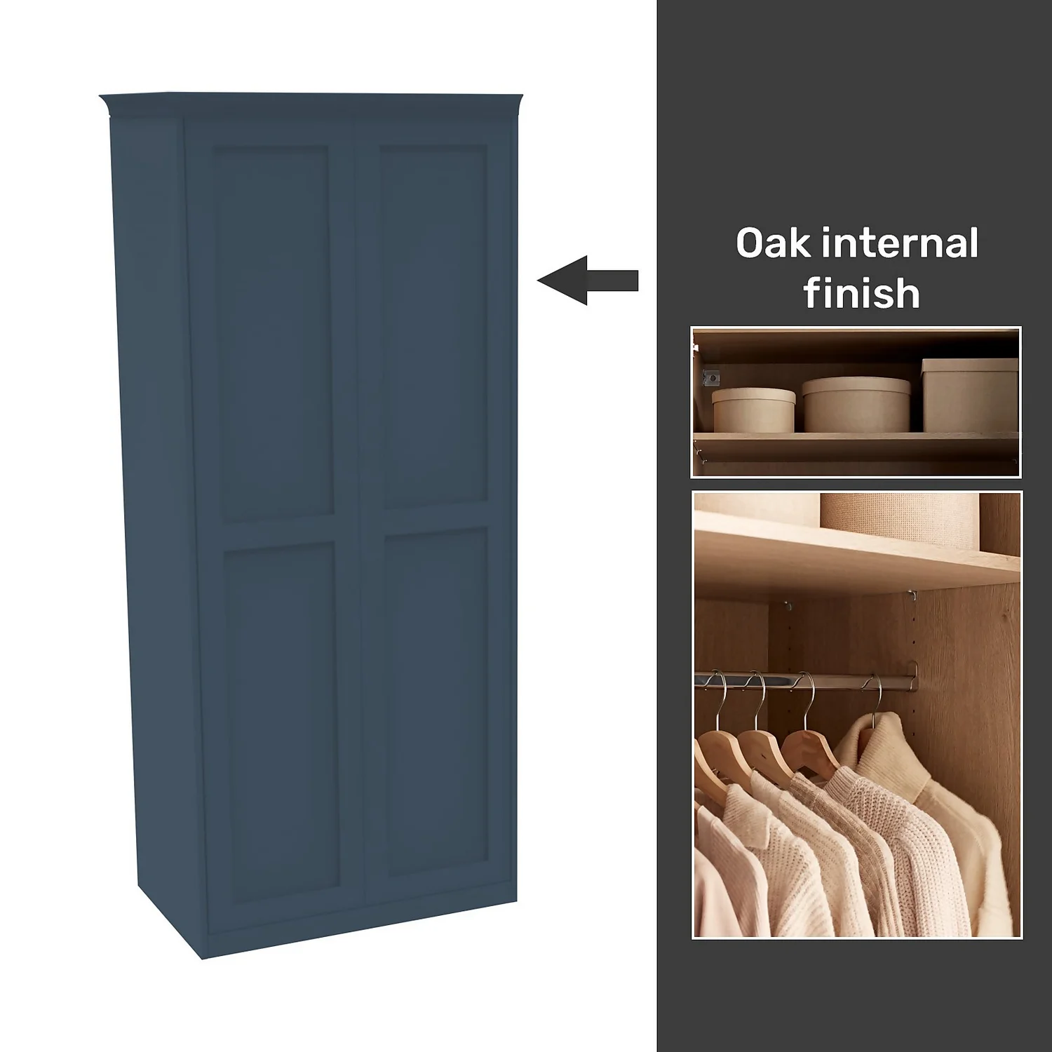 House Beautiful Realm Fitted Look Double Wardrobe, Oak Effect Carcass - Navy Blue Shaker Doors (W) 1001mm x (H) 2256mm House Beautiful Realm Fitted Look Double Wardrobe, Oak Effect Carcass - Navy Blue Shaker Doors (W) 1001mm X (H) 2256mm -Famous Furniture Store 13999777 9605052690106953