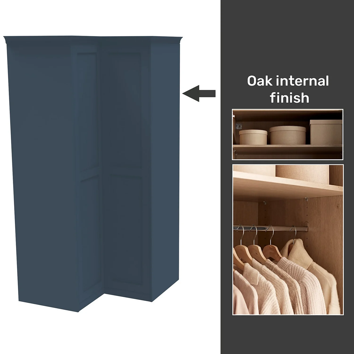 House Beautiful Realm Fitted Look Corner Wardrobe, Oak Effect Carcass - Navy Blue Shaker Doors (W) 1103mm x (H) 2256mm House Beautiful Realm Fitted Look Corner Wardrobe, Oak Effect Carcass - Navy Blue Shaker Doors (W) 1103mm X (H) 2256mm -Famous Furniture Store 13999801 8895052690143649