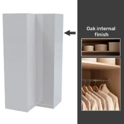 House Beautiful Honest Fitted Look Corner Wardrobe, Oak Effect Carcass - Gloss White Slab Doors (W) 1073mm X (H) 2226mm