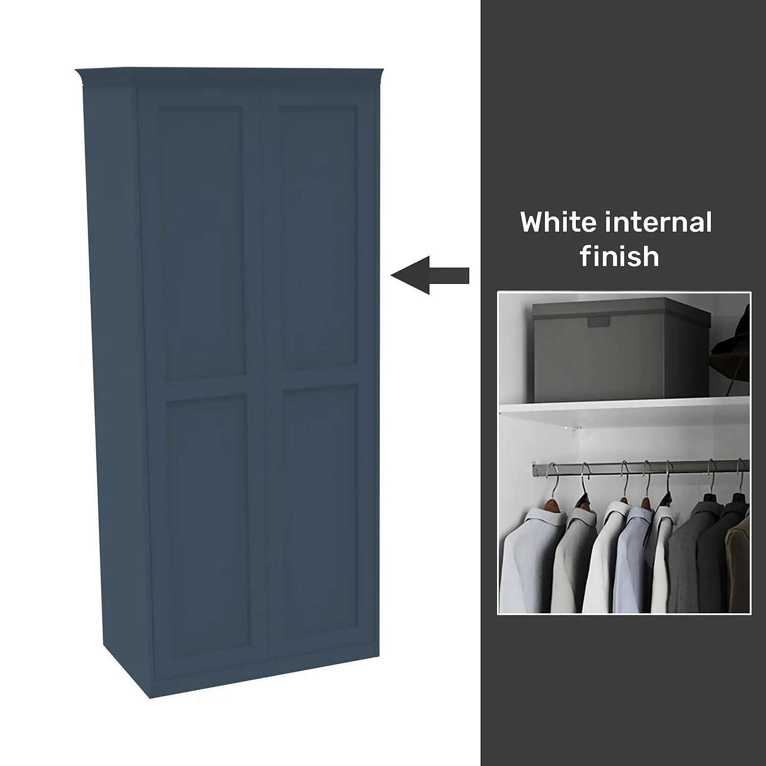 House Beautiful Realm Fitted Look Double Wardrobe, White Carcass - Navy Blue Shaker Doors (W) 1001mm x (H) 2256mm House Beautiful Realm Fitted Look Double Wardrobe, White Carcass - Navy Blue Shaker Doors (W) 1001mm X (H) 2256mm -Famous Furniture Store 13999880 3385052690673665