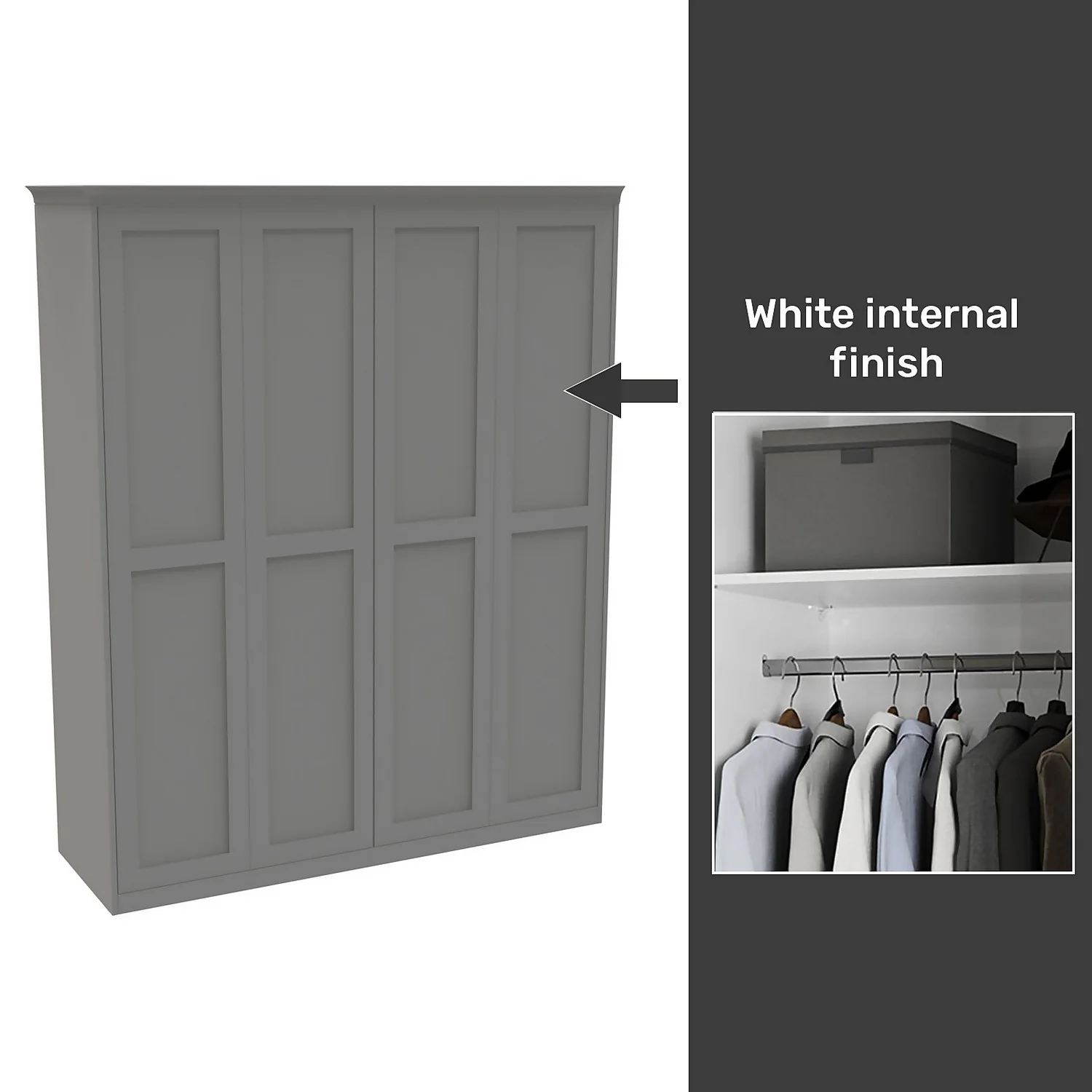 House Beautiful Realm Fitted Look Quad Wardrobe, White Carcass - Grey Shaker Doors (W) 1901mm x (H) 2256mm House Beautiful Realm Fitted Look Quad Wardrobe, White Carcass - Grey Shaker Doors (W) 1901mm X (H) 2256mm -Famous Furniture Store 13999891 9005052690674460