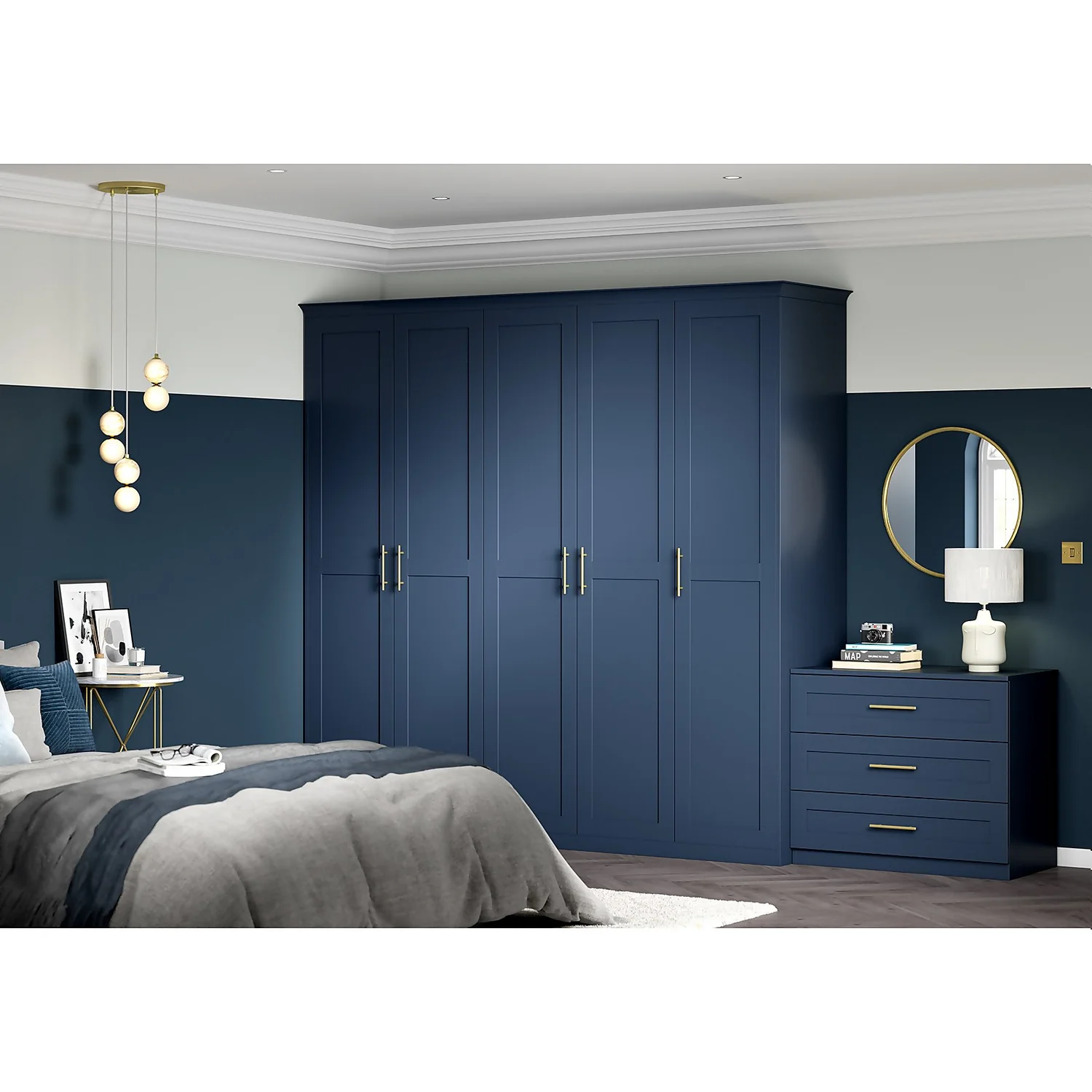 House Beautiful Realm Fitted Look Quad Wardrobe, White Carcass - Navy Blue Shaker Doors (W) 1901mm x (H) 2256mm House Beautiful Realm Fitted Look Quad Wardrobe, White Carcass - Navy Blue Shaker Doors (W) 1901mm X (H) 2256mm -Famous Furniture Store 13999893 2145005573903053