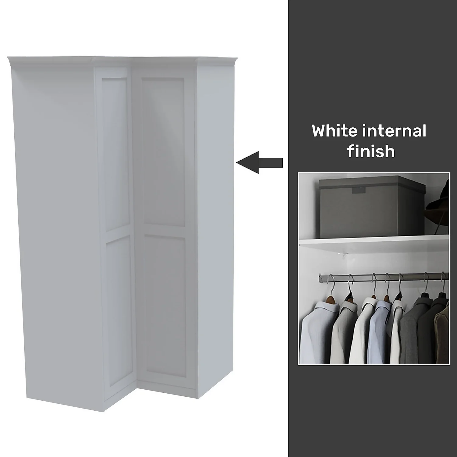 House Beautiful Realm Fitted Look Corner Wardrobe, White Carcass - White Shaker Doors (W) 1103mm x (H) 2256mm House Beautiful Realm Fitted Look Corner Wardrobe, White Carcass - White Shaker Doors (W) 1103mm X (H) 2256mm -Famous Furniture Store 13999898 1115052690757686
