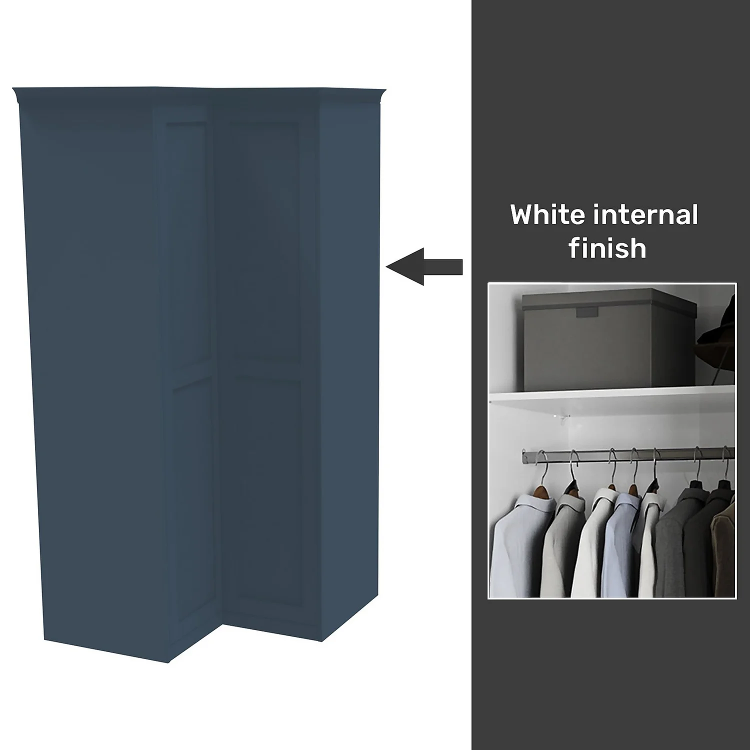 House Beautiful Realm Fitted Look Corner Wardrobe, White Carcass - Navy Blue Shaker Doors (W) 1103mm x (H) 2256mm House Beautiful Realm Fitted Look Corner Wardrobe, White Carcass - Navy Blue Shaker Doors (W) 1103mm X (H) 2256mm -Famous Furniture Store 13999901 2035052690565908