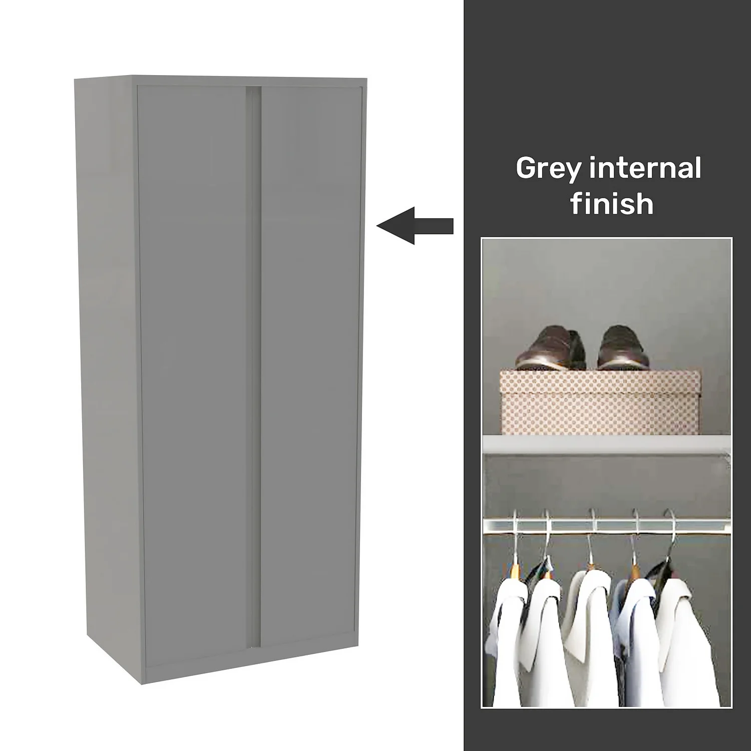 House Beautiful Escape Fitted Look Double Wardrobe, Grey Carcass - Gloss Grey Handleless Doors (W) 940mm x (H) 2226mm House Beautiful Escape Fitted Look Double Wardrobe, Grey Carcass - Gloss Grey Handleless Doors (W) 940mm X (H) 2226mm -Famous Furniture Store 13999963 9555052687973620