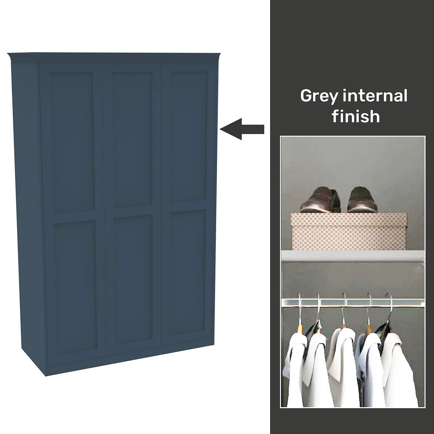 House Beautiful Realm Fitted Look Triple Wardrobe, Grey Carcass - Navy Blue Shaker Doors (W) 1451mm x (H) 2256mm House Beautiful Realm Fitted Look Triple Wardrobe, Grey Carcass - Navy Blue Shaker Doors (W) 1451mm X (H) 2256mm -Famous Furniture Store 13999969 1635052687843846