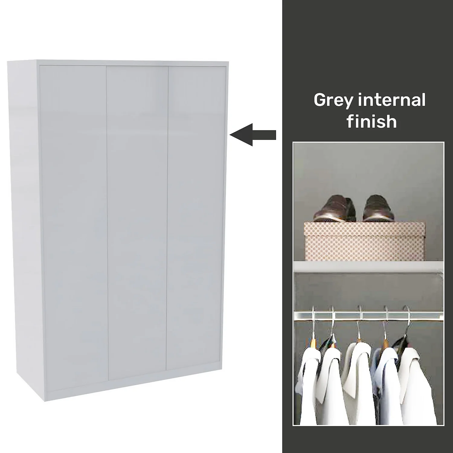 House Beautiful Honest Fitted Look Triple Wardrobe, Grey Carcass - Gloss White Slab Doors (W) 1390mm x (H) 2226mm House Beautiful Honest Fitted Look Triple Wardrobe, Grey Carcass - Gloss White Slab Doors (W) 1390mm X (H) 2226mm -Famous Furniture Store 13999972 1955052687811971
