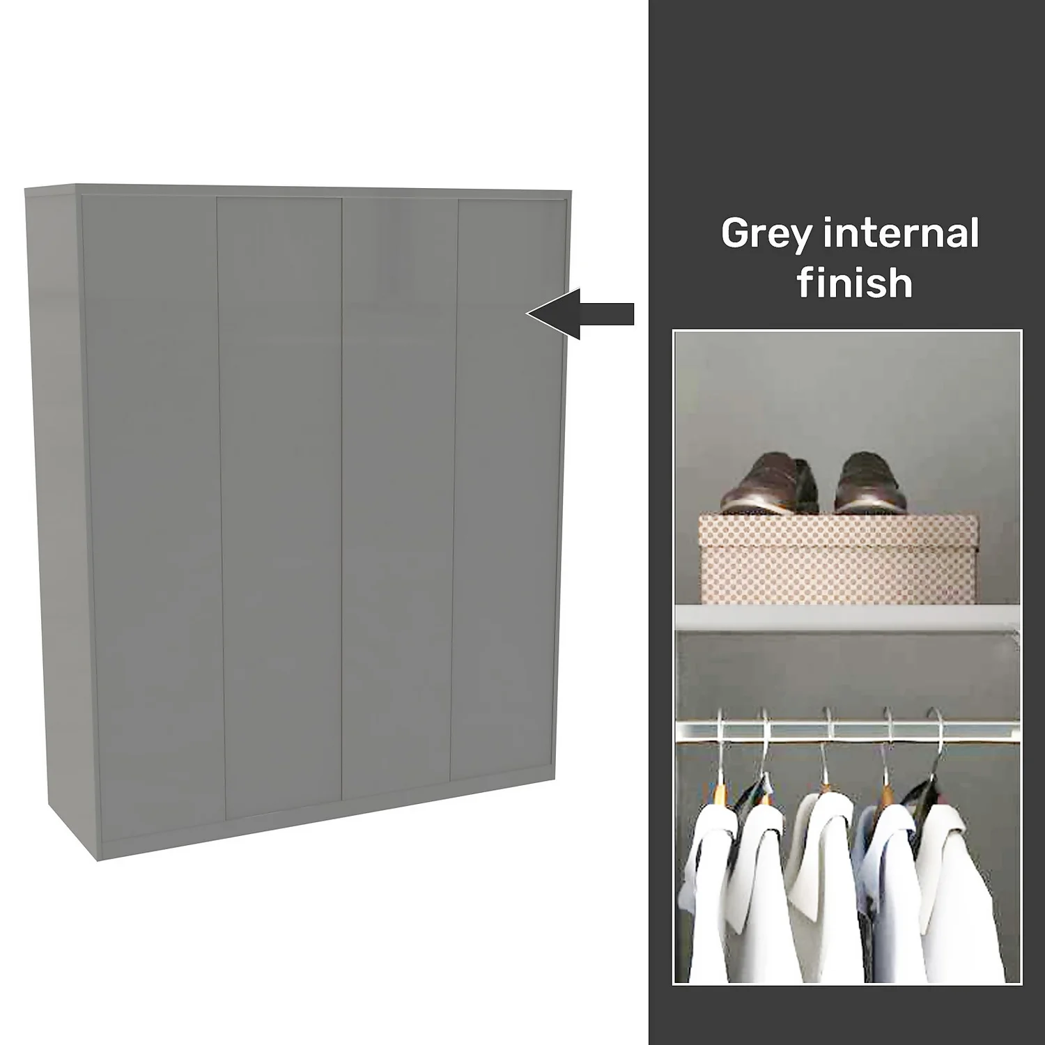 House Beautiful Honest Fitted Look Quad Wardrobe, Grey Carcass - Gloss Grey slab Doors (W) 1840mm x (H) 2226mm House Beautiful Honest Fitted Look Quad Wardrobe, Grey Carcass - Gloss Grey Slab Doors (W) 1840mm X (H) 2226mm -Famous Furniture Store 13999981 2095052687894669