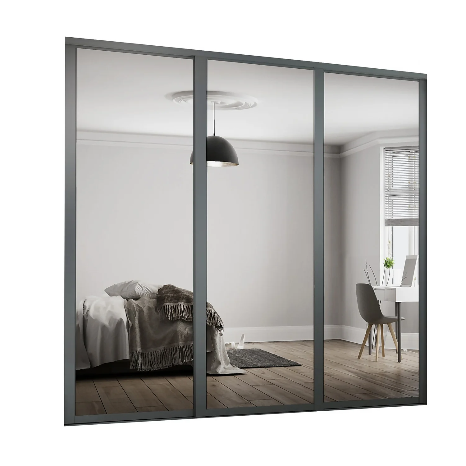 Shaker 3 Door Sliding Wardrobe Kit Mirror with Graphite Frame (W)2136 x (H)2260mm Shaker 3 Door Sliding Wardrobe Kit Mirror With Graphite Frame (W)2136 X (H)2260mm -Famous Furniture Store 14817127 1345059986250716