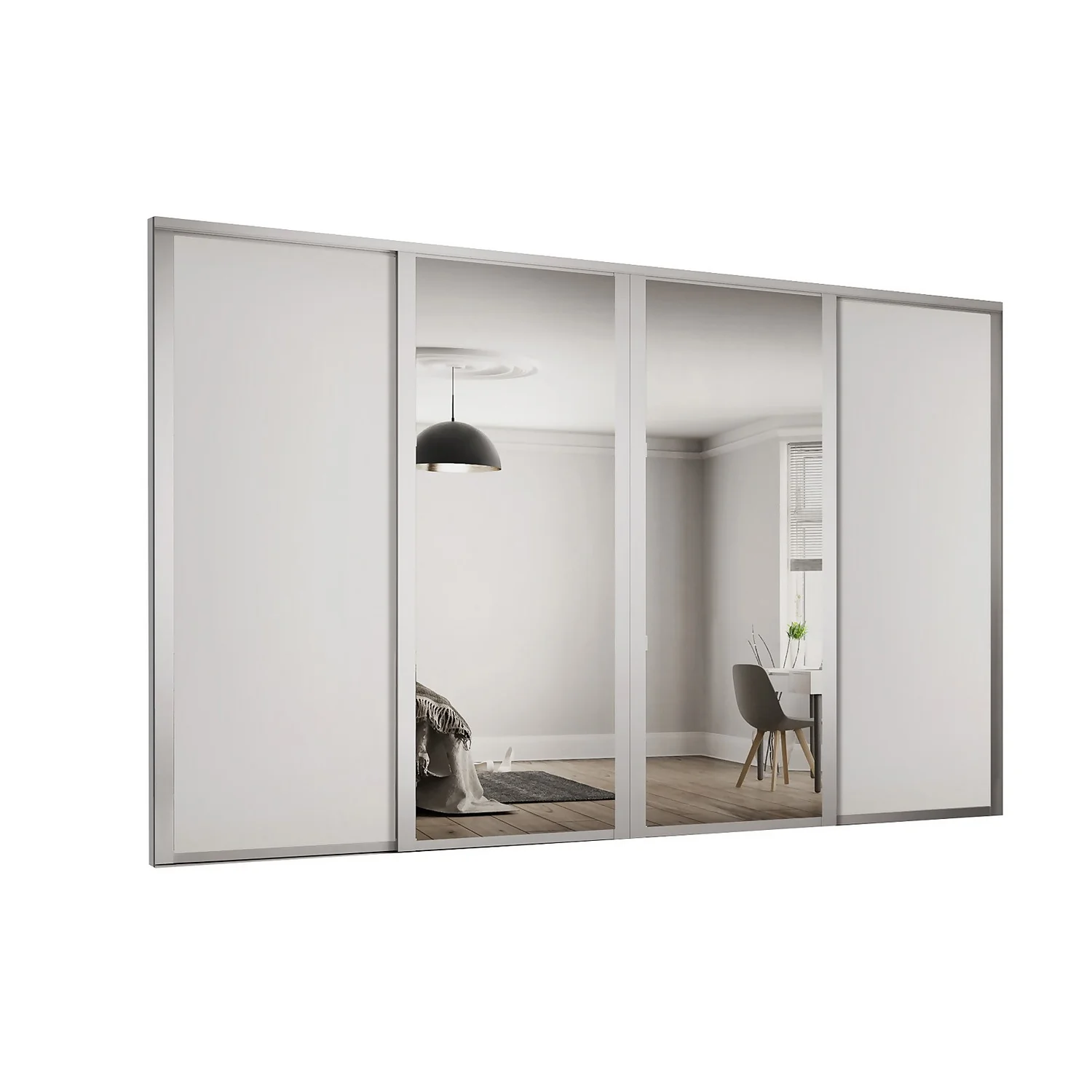 Shaker 4 Door Sliding Wardrobe Kit Dove Grey Panel / Mirror with Dove Grey Frame (W)2898 x (H)2260mm Shaker 4 Door Sliding Wardrobe Kit Dove Grey Panel / Mirror With Dove Grey Frame (W)2898 X (H)2260mm -Famous Furniture Store 14817131 1235059985715372