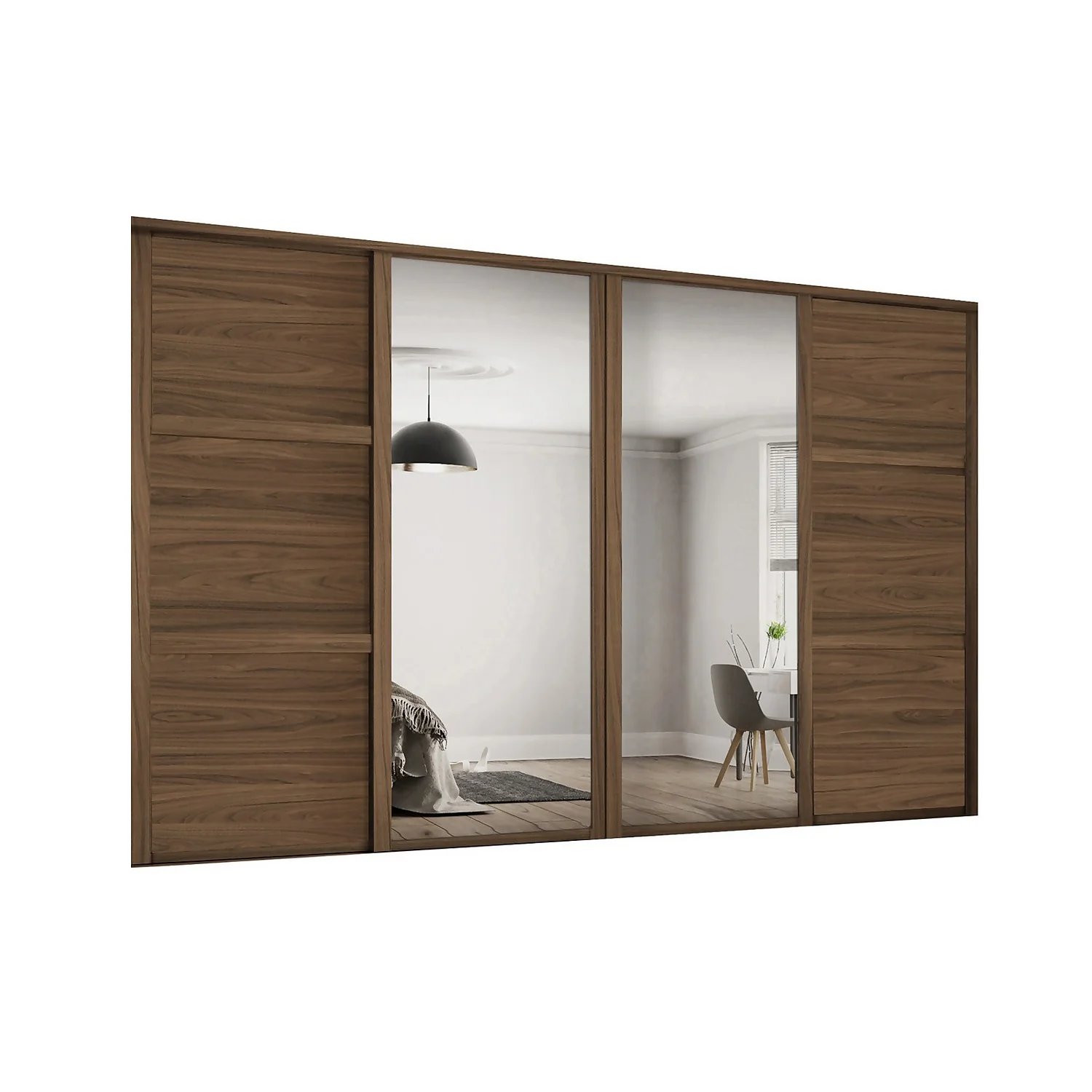 Shaker 4 Door Sliding Wardrobe Kit Walnut Panel / Mirror with Walnut Frame (W)2898 x (H)2260mm Shaker 4 Door Sliding Wardrobe Kit Walnut Panel / Mirror With Walnut Frame (W)2898 X (H)2260mm -Famous Furniture Store 14817137 5915059987944435